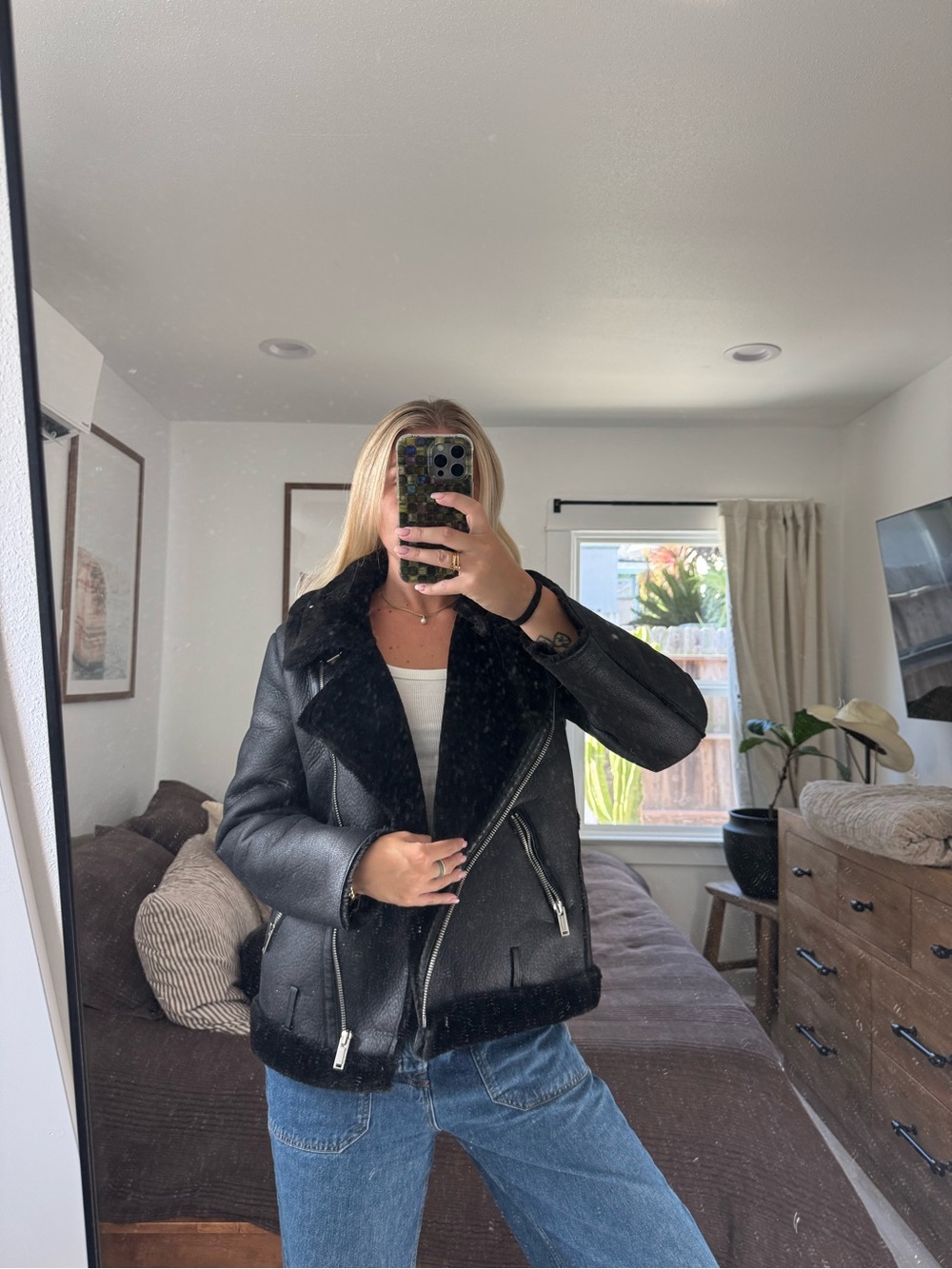 Black Faux Shearling Biker Jacket - Women